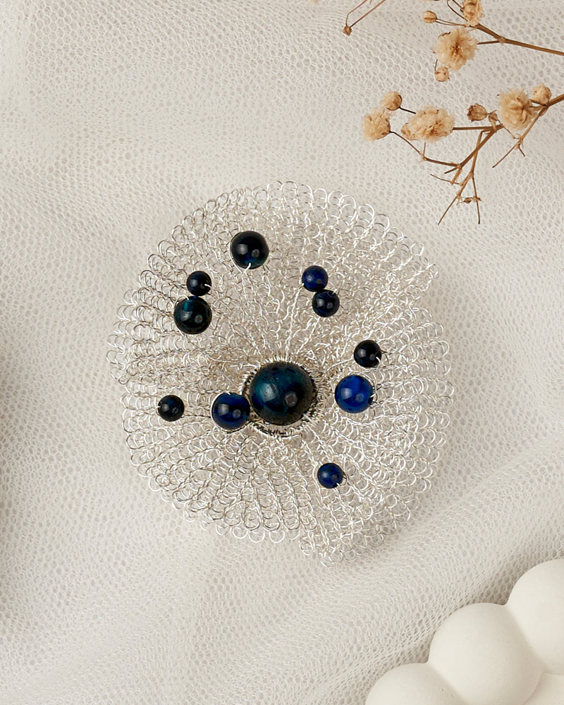 Dreamy Lyra Brooch Blue Tiger Eye Silver