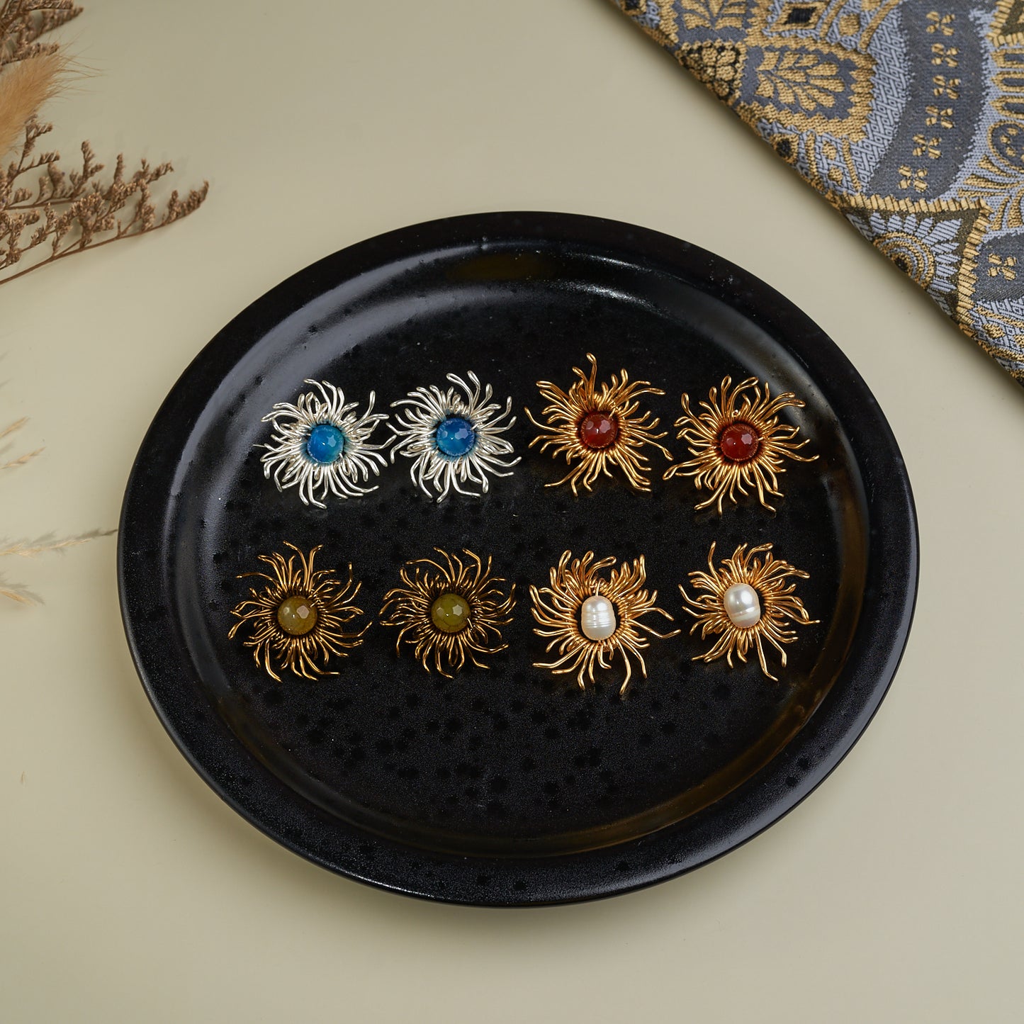 Mata Uroe Blue Silver Studded Earrings