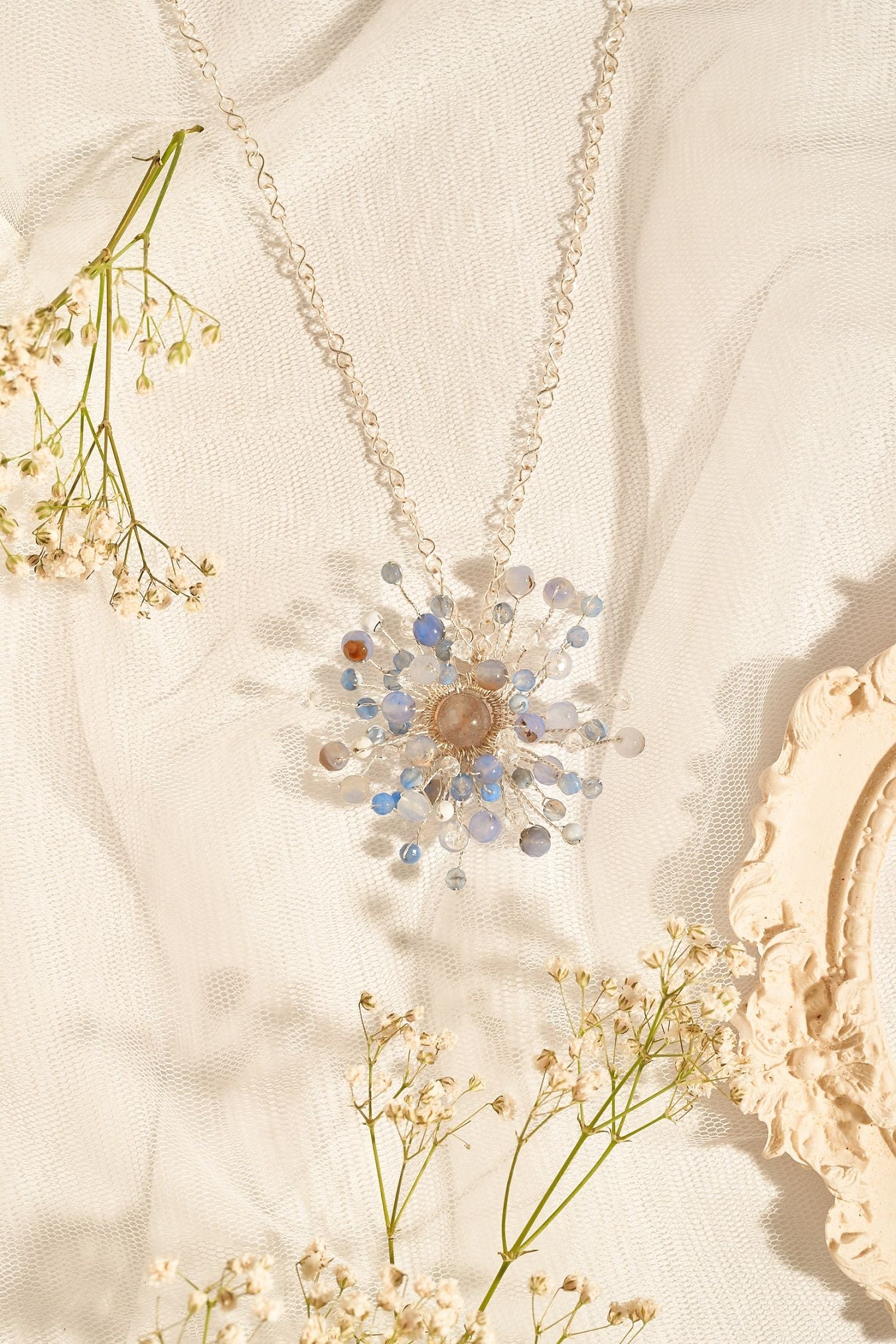 Baby breath pendant necklace blue silver