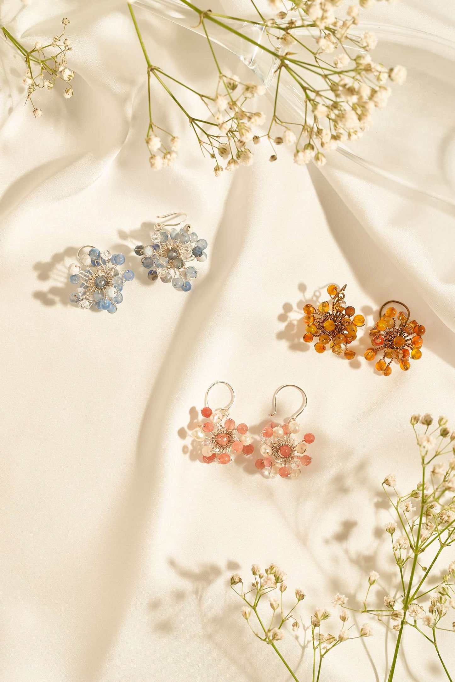 Baby breath dangling earrings pink silver