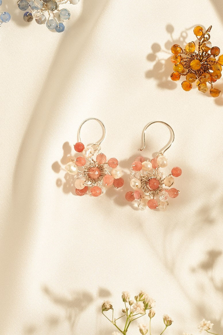 Baby breath dangling earrings pink silver